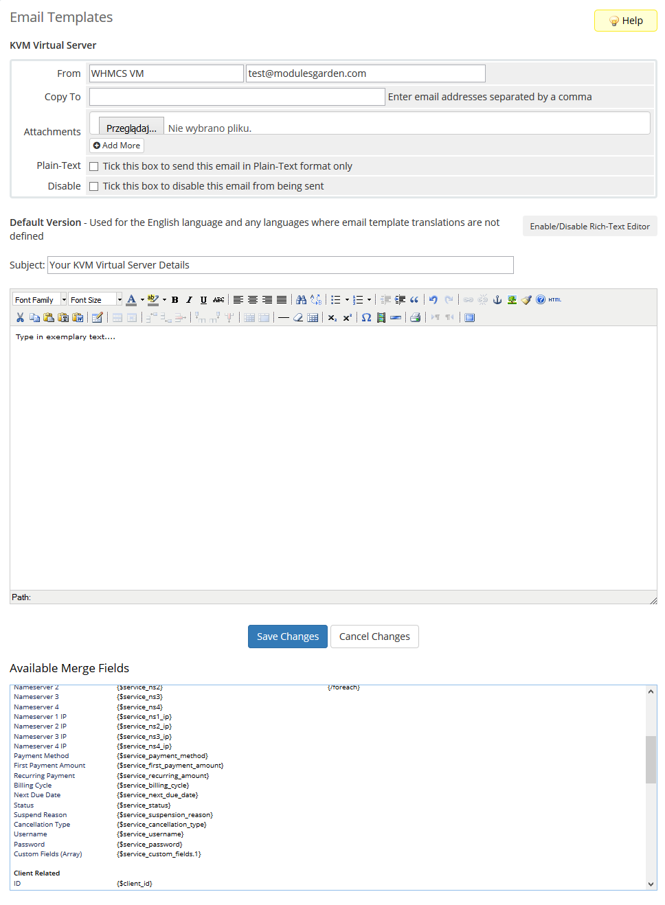 SolusVM Extended VPS For WHMCS: WHMCS email template editor for KVM Virtual Server with subject, body and merge fields
