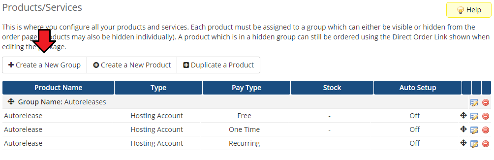 Zimbra Email For WHMCS: WHMCS Products/Services page with the Create a New Group button highlighted