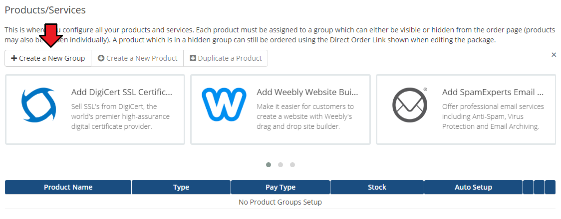 Products Reseller For WHMCS: WHMCS Products/Services page with the Create a New Group button highlighted