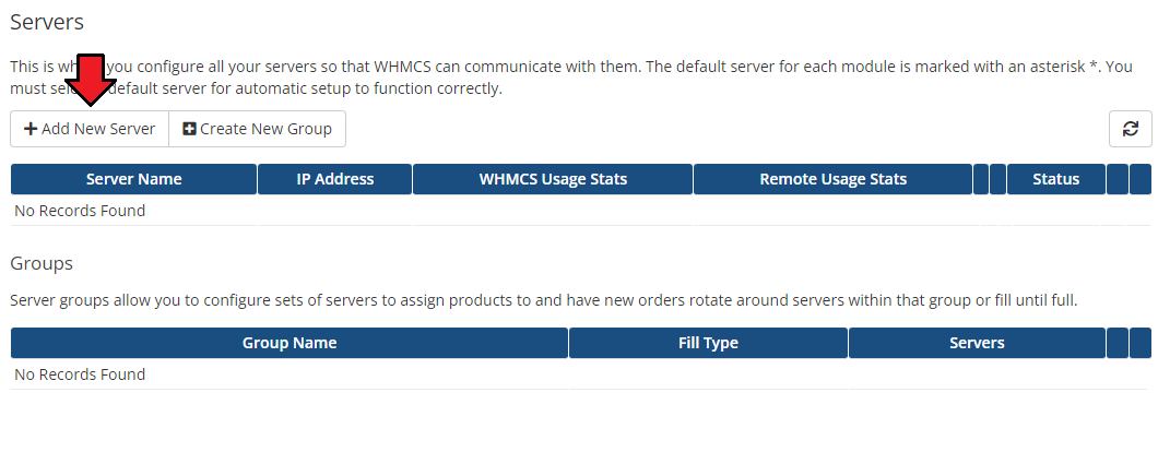 EasyDCIM Dedicated Servers For WHMCS: WHMCS Servers page with the Add New Server button and empty lists