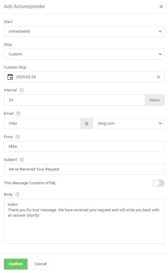 CPanel Extended For WHMCS: client area Add Autoresponder dialog with start, stop, interval, email, subject and body