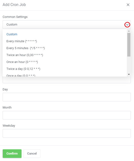 CPanel Extended For WHMCS: client area Add Cron Job dialog with the Common Settings dropdown open showing time presets