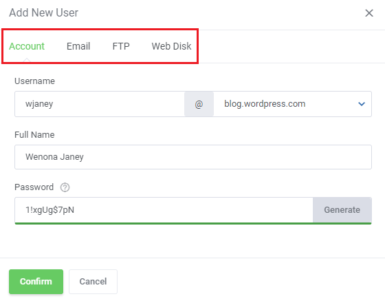 CPanel Extended For WHMCS: Add New User modal with the Account, Email, FTP and Web Disk tabs marked