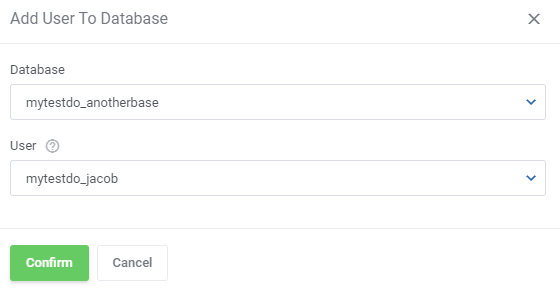 CPanel Extended For WHMCS: Add User To Database modal with a database and a user selected