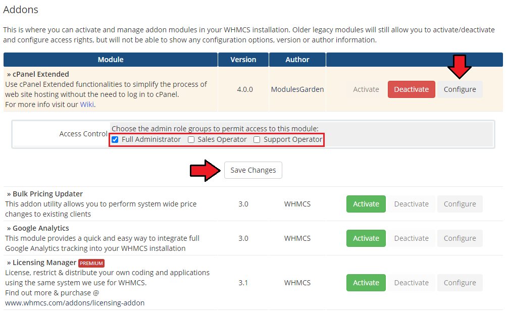 CPanel Extended For WHMCS: addon access control with admin role checkboxes and the Save Changes button