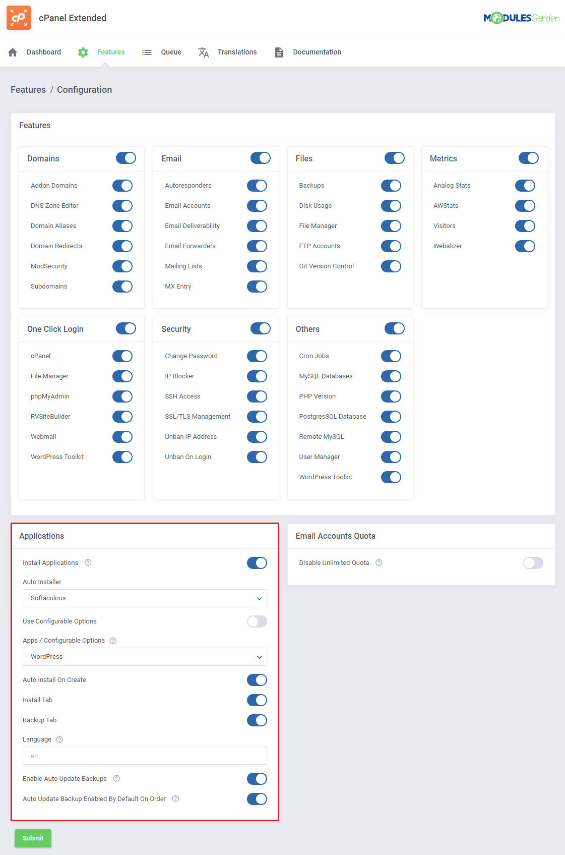 CPanel Extended For WHMCS: cPanel Extended addon Features page with the Applications section marked in the module