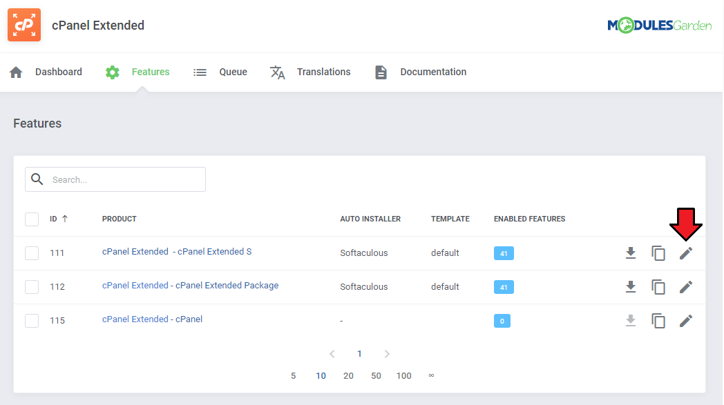 CPanel Extended For WHMCS: cPanel Extended addon Features page with the edit button next to a product