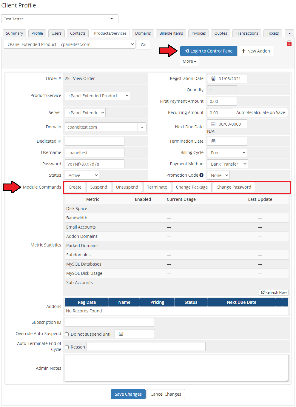 CPanel Extended For WHMCS: WHMCS admin client profile with module commands and the Login to Control Panel button