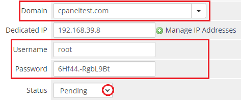 CPanel Extended For WHMCS: WHMCS admin service details with domain, username, password and status dropdown marked