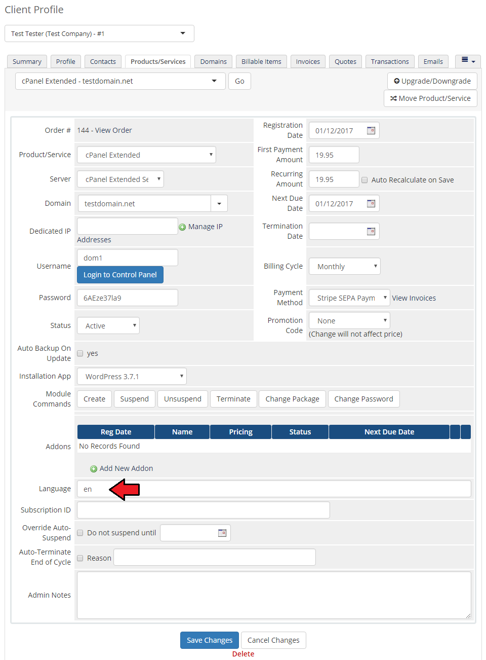CPanel Extended For WHMCS: WHMCS admin client product page with the Language field set to en and the Save Changes button