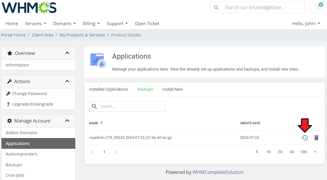 CPanel Extended For WHMCS: client area Applications Backups tab with a backup list and the restore button marked