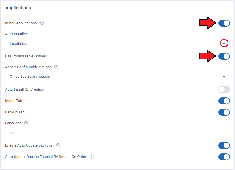 CPanel Extended For WHMCS: product Applications settings with Installatron selected and Use Configurable Options on