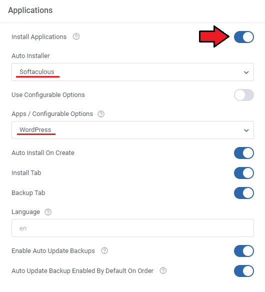 CPanel Extended For WHMCS: Addon Applications section with an arrow on Install Applications and Softaculous selected