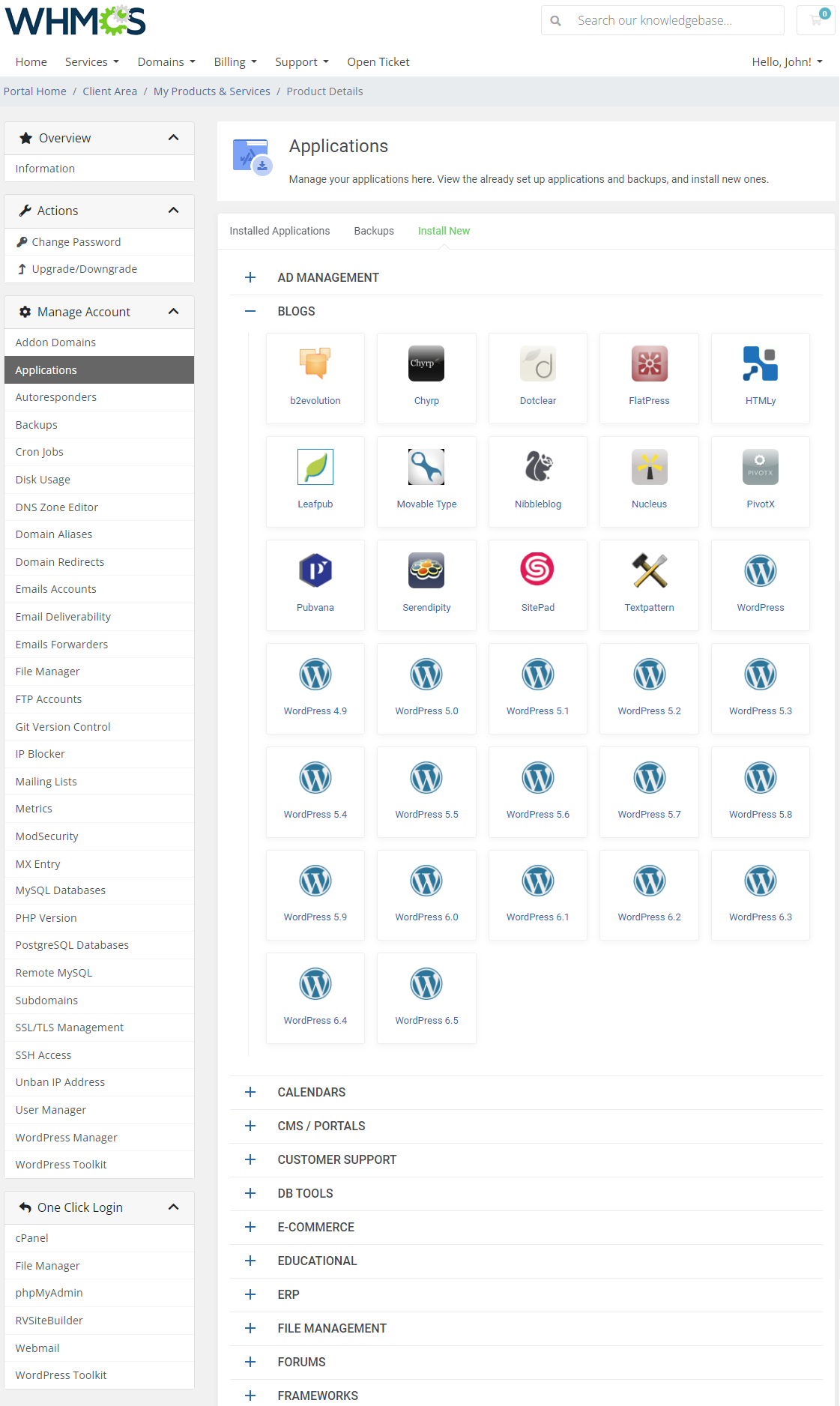 CPanel Extended For WHMCS: client area Applications Install New tab with application categories and the Blogs list