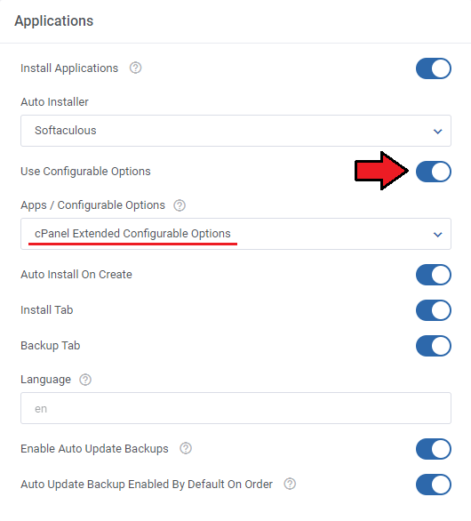 CPanel Extended For WHMCS: Addon Applications section with Use Configurable Options enabled and an option set selected
