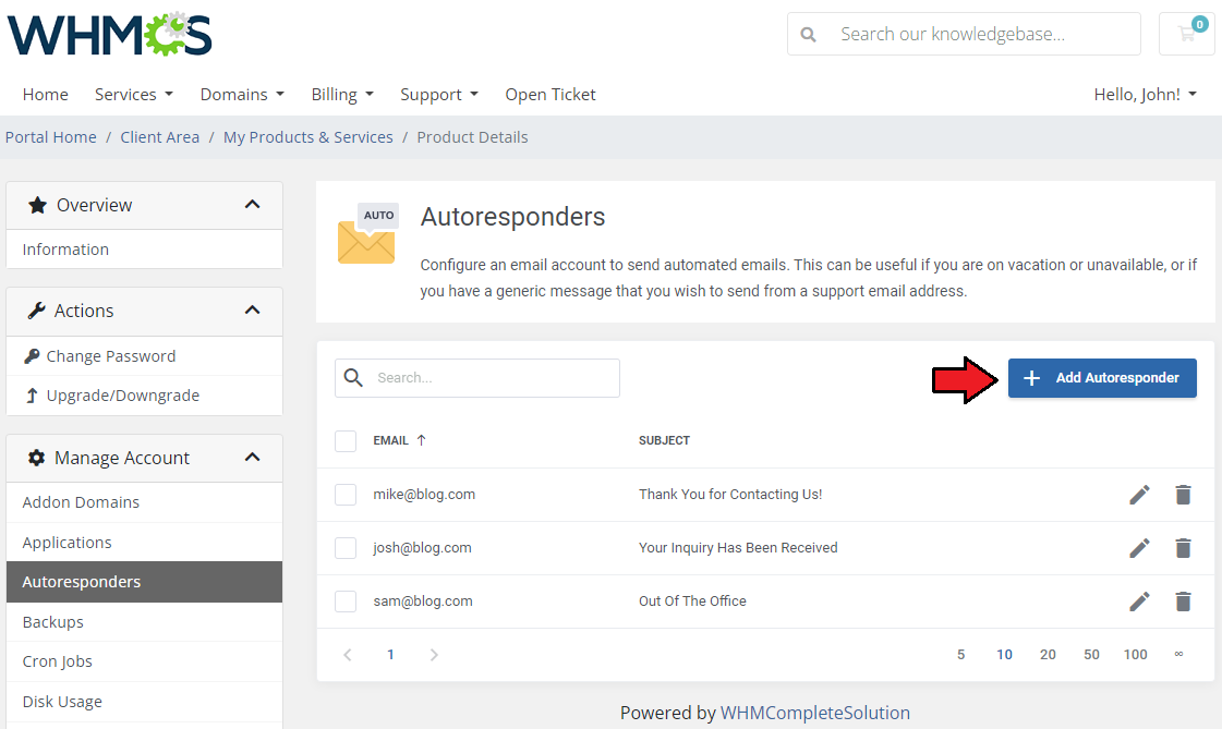 CPanel Extended For WHMCS: client area Autoresponders page with a list and the Add Autoresponder button marked