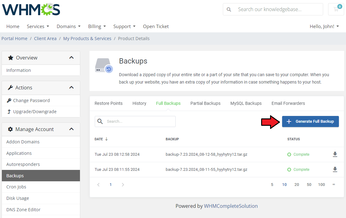 CPanel Extended For WHMCS: client area Backups Full Backups tab with the Generate Full Backup button marked