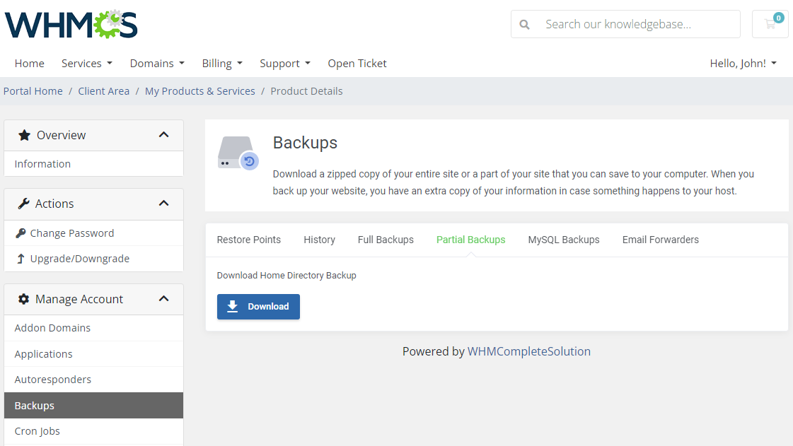 CPanel Extended For WHMCS: client area Backups Partial Backups tab with the Download Home Directory Backup button
