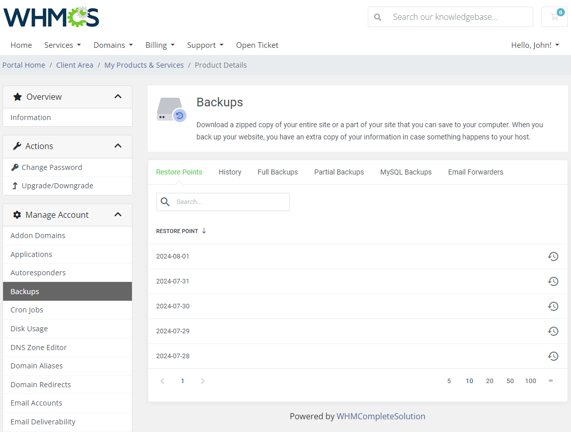 CPanel Extended For WHMCS: client area Backups page with the Restore Points tab and a list of restore point dates