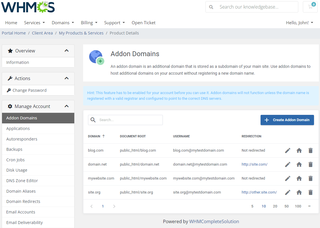 CPanel Extended For WHMCS: client area Addon Domains page with domains, document roots, redirections and edit buttons