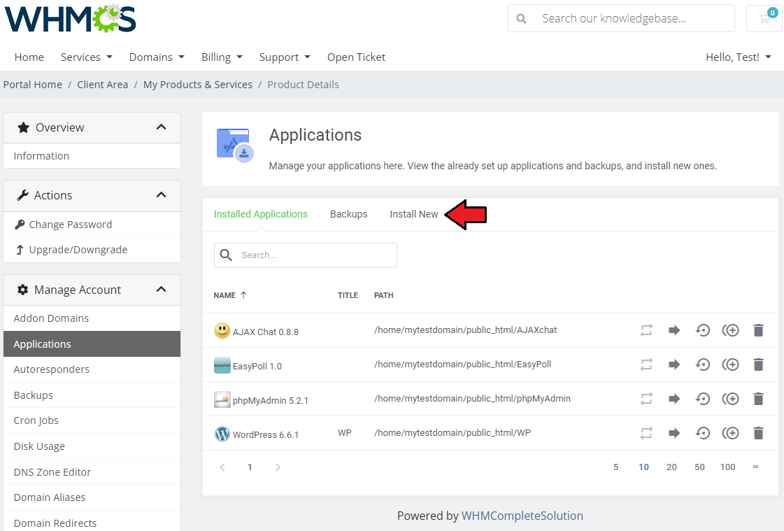 CPanel Extended For WHMCS: client area Applications page with the Installed Applications list and the Install New tab