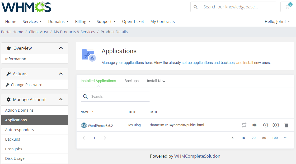 CPanel Extended For WHMCS: Applications page in the client area with an installed WordPress application and its action