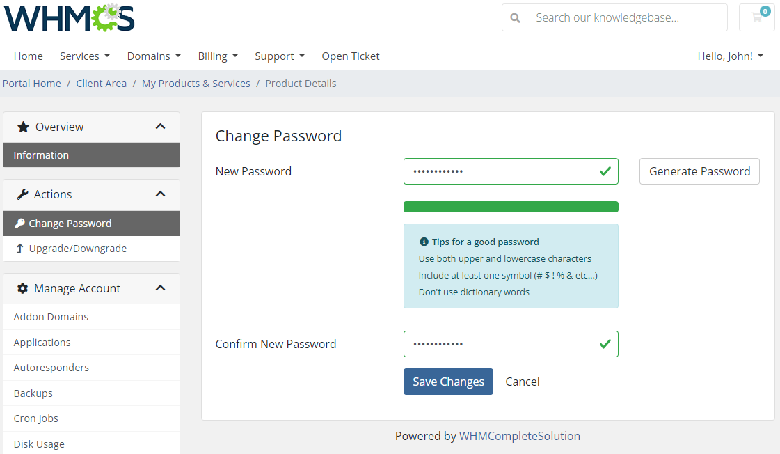 CPanel Extended For WHMCS: WHMCS client area Change Password form with Generate Password button