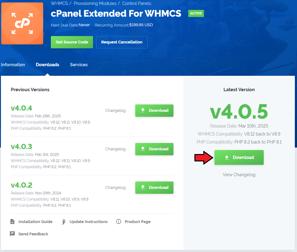 CPanel Extended For WHMCS: client area product page with the Download button for the latest module version