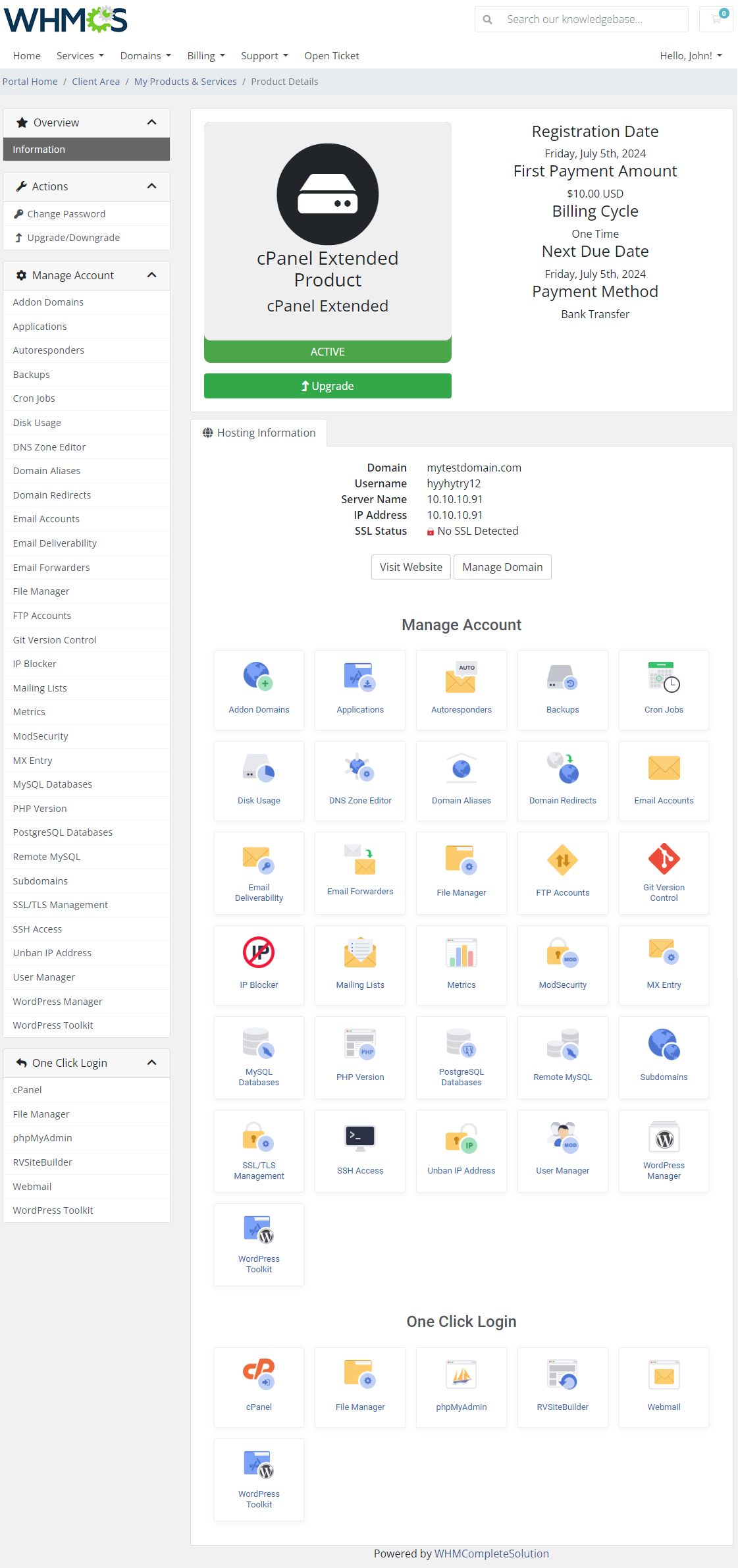 CPanel Extended For WHMCS: WHMCS client area product details with the Manage Account feature icons and One Click Login