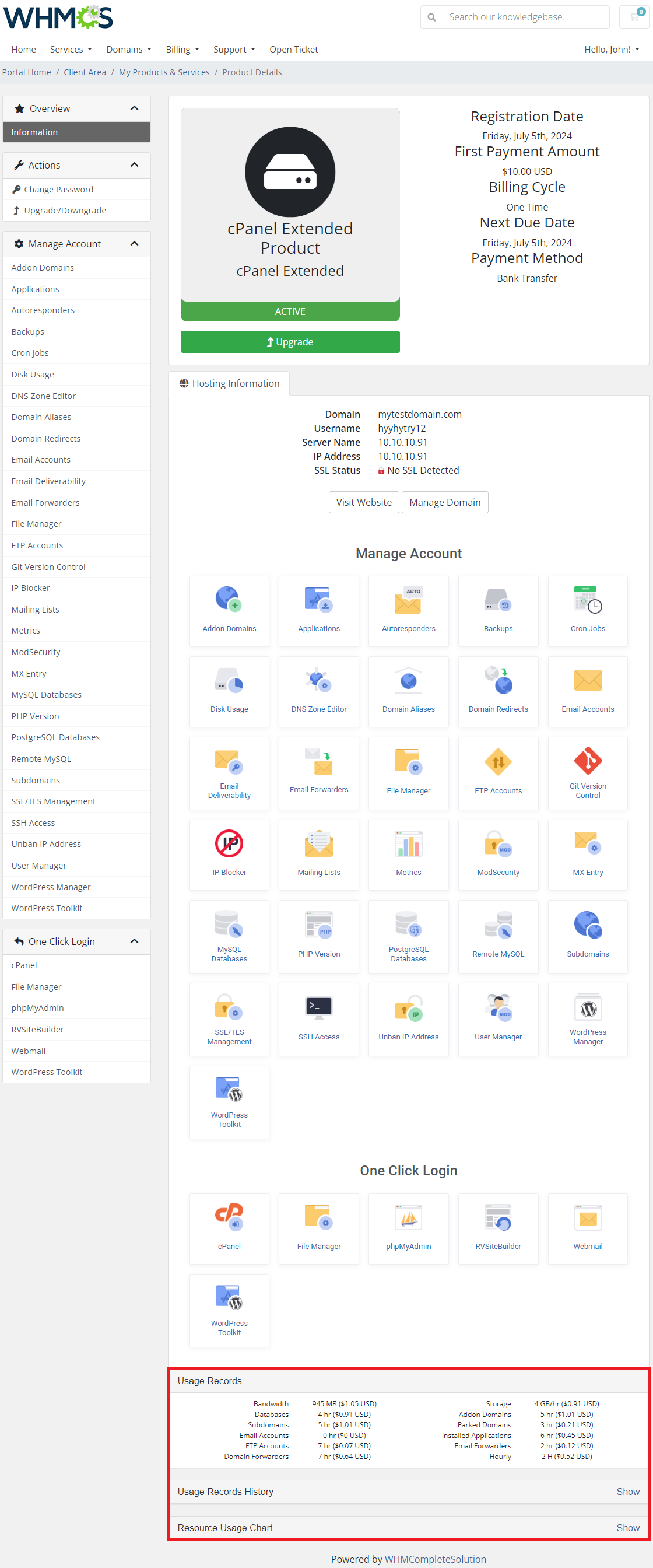 CPanel Extended For WHMCS: Client area product page with the Usage Records and Resource Usage Chart sections marked