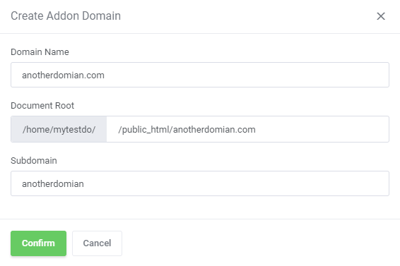CPanel Extended For WHMCS: client area Create Addon Domain dialog with domain name, document root and subdomain fields