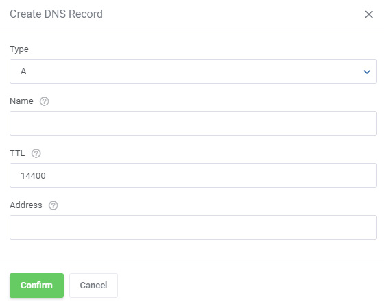 CPanel Extended For WHMCS: client area Create DNS Record dialog with type, name, TTL and address fields