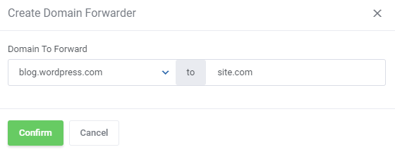 CPanel Extended For WHMCS: Create Domain Forwarder modal with the domain to forward and the target domain