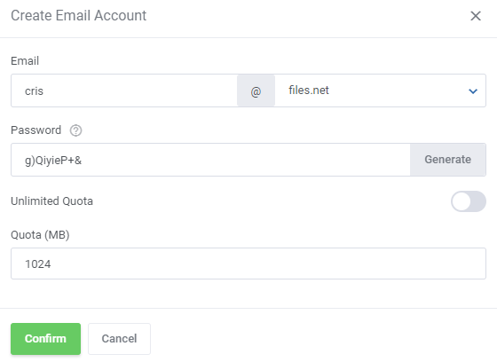 CPanel Extended For WHMCS: client area Create Email Account dialog with password, Unlimited Quota switch and quota