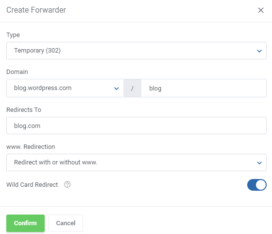 CPanel Extended For WHMCS: client area Create Forwarder dialog with redirect type, target, www option and wildcard