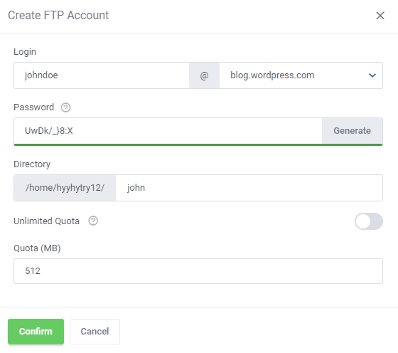 CPanel Extended For WHMCS: Create FTP Account modal with login, domain, password, directory and quota fields