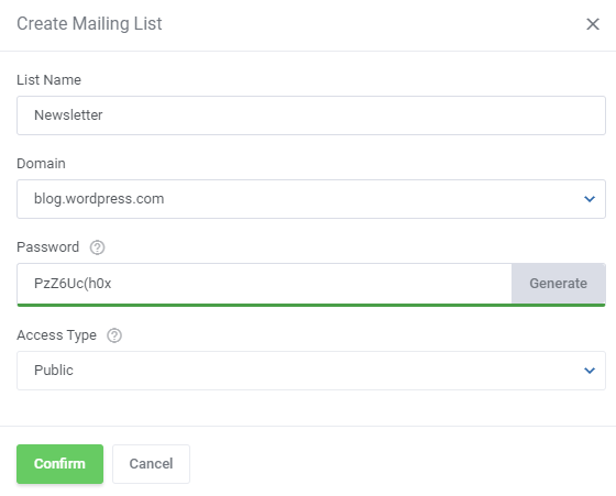 CPanel Extended For WHMCS: Create Mailing List modal with list name, domain, password and access type