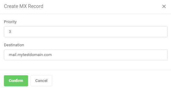 CPanel Extended For WHMCS: Create MX Record modal with priority and destination fields