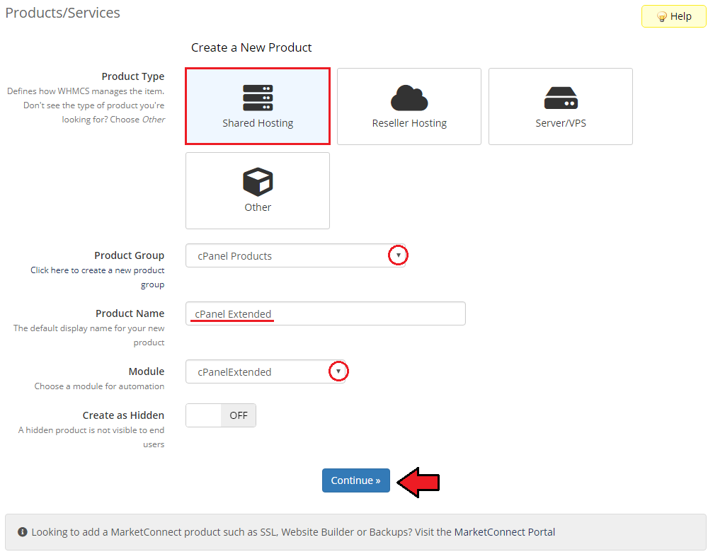CPanel Extended For WHMCS: WHMCS Create a New Product form with product type, group, name and cPanelExtended module