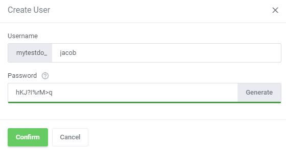 CPanel Extended For WHMCS: Create User modal for PostgreSQL with username and generated password