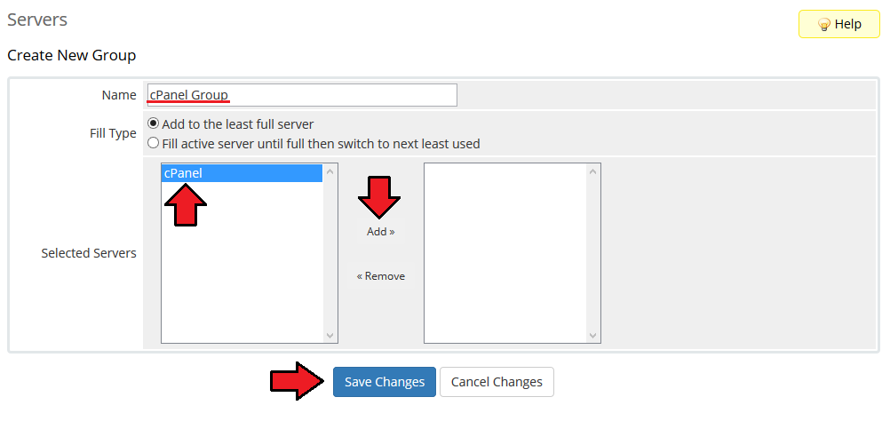 CPanel Extended For WHMCS: WHMCS Create New Group form with a group name and the server selected
