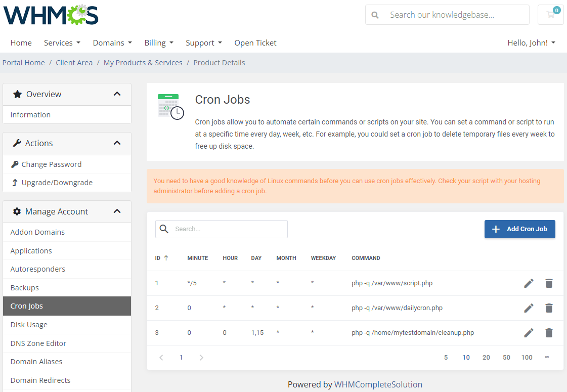 CPanel Extended For WHMCS: client area Cron Jobs page with a list of cron jobs and the Add Cron Job button