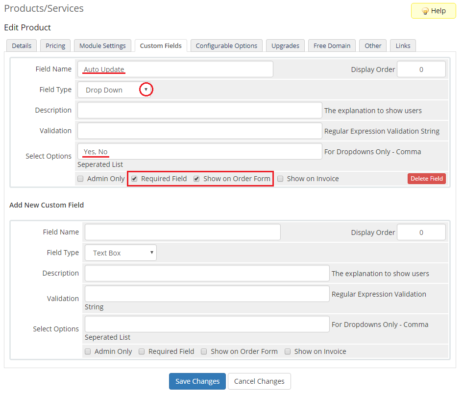 CPanel Extended For WHMCS: WHMCS Custom Fields tab with a required Auto Update drop down field with Yes, No options