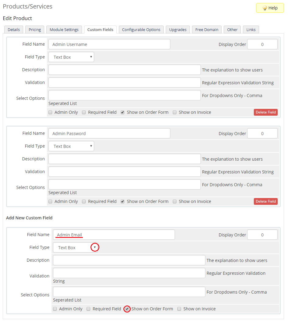 CPanel Extended For WHMCS: WHMCS Custom Fields tab with Admin Username, Password and Email text box fields