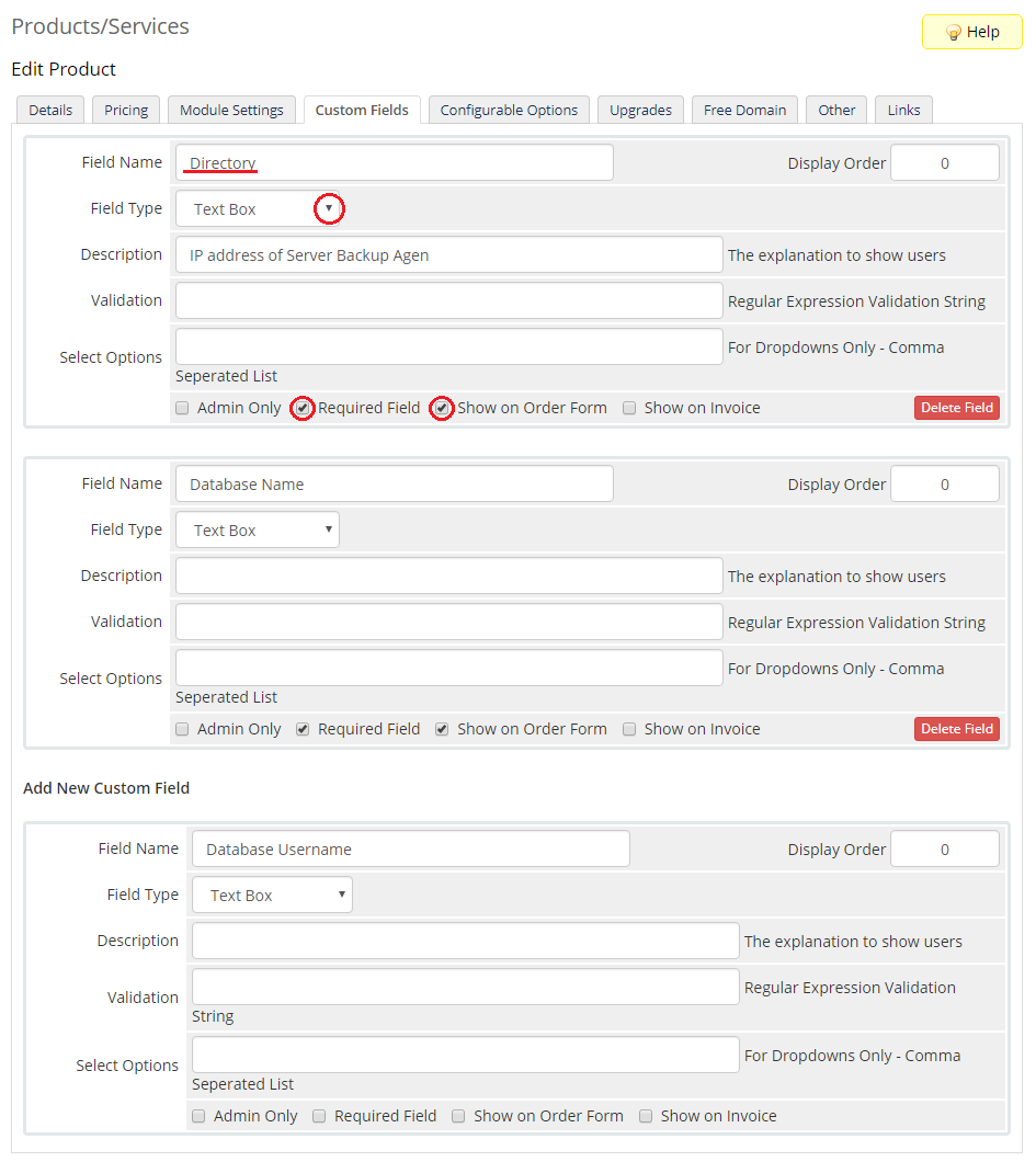 CPanel Extended For WHMCS: WHMCS Custom Fields tab with Directory and Database text box fields shown on order form