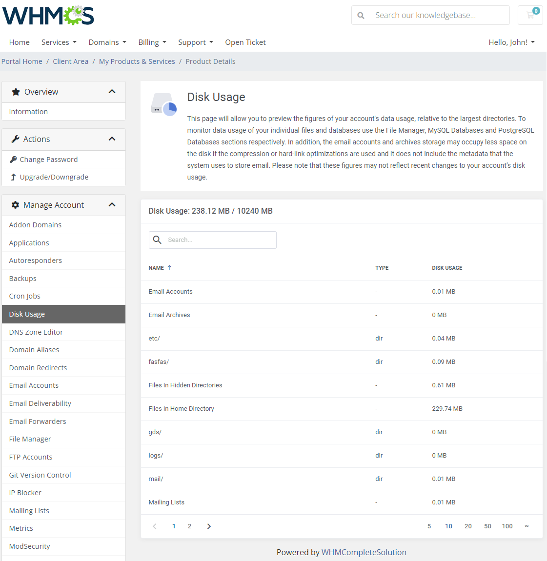 CPanel Extended For WHMCS: client area Disk Usage page with total usage and a table of directories and files with their