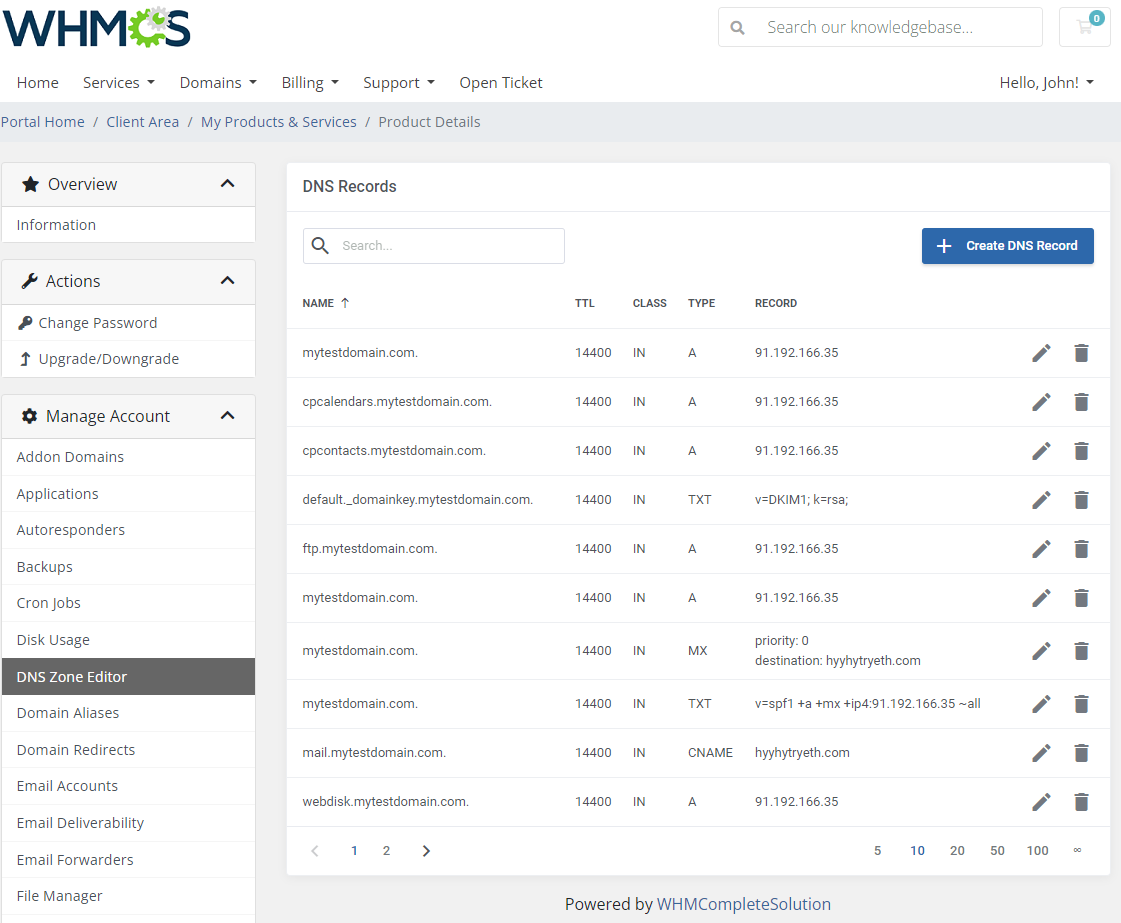 CPanel Extended For WHMCS: client area DNS Records list with record types and the Create DNS Record button