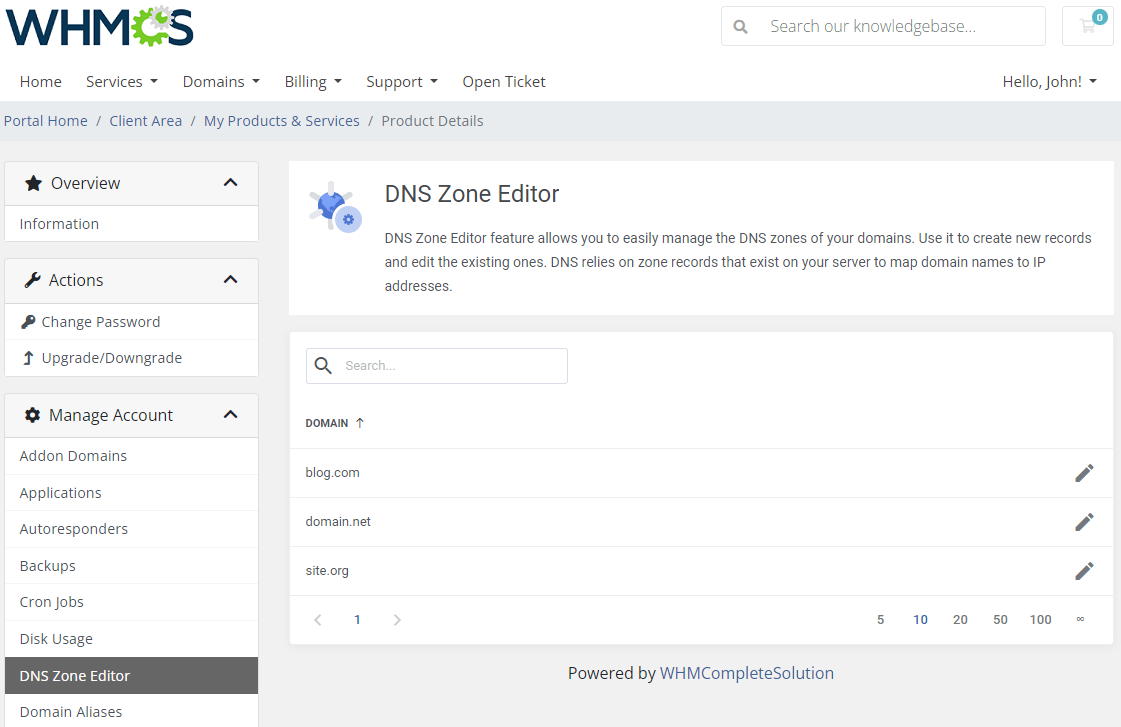 CPanel Extended For WHMCS: client area DNS Zone Editor page with a list of domains and an edit button for each