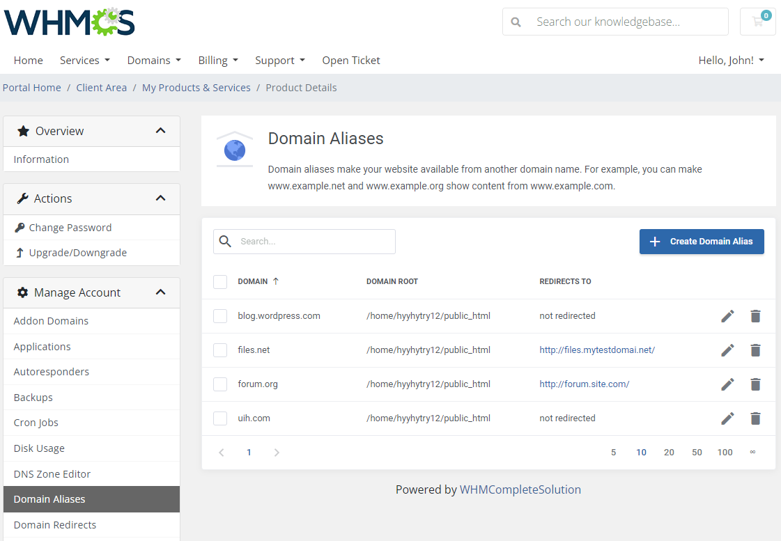 CPanel Extended For WHMCS: client area Domain Aliases page with a list of aliases and the Create Domain Alias button
