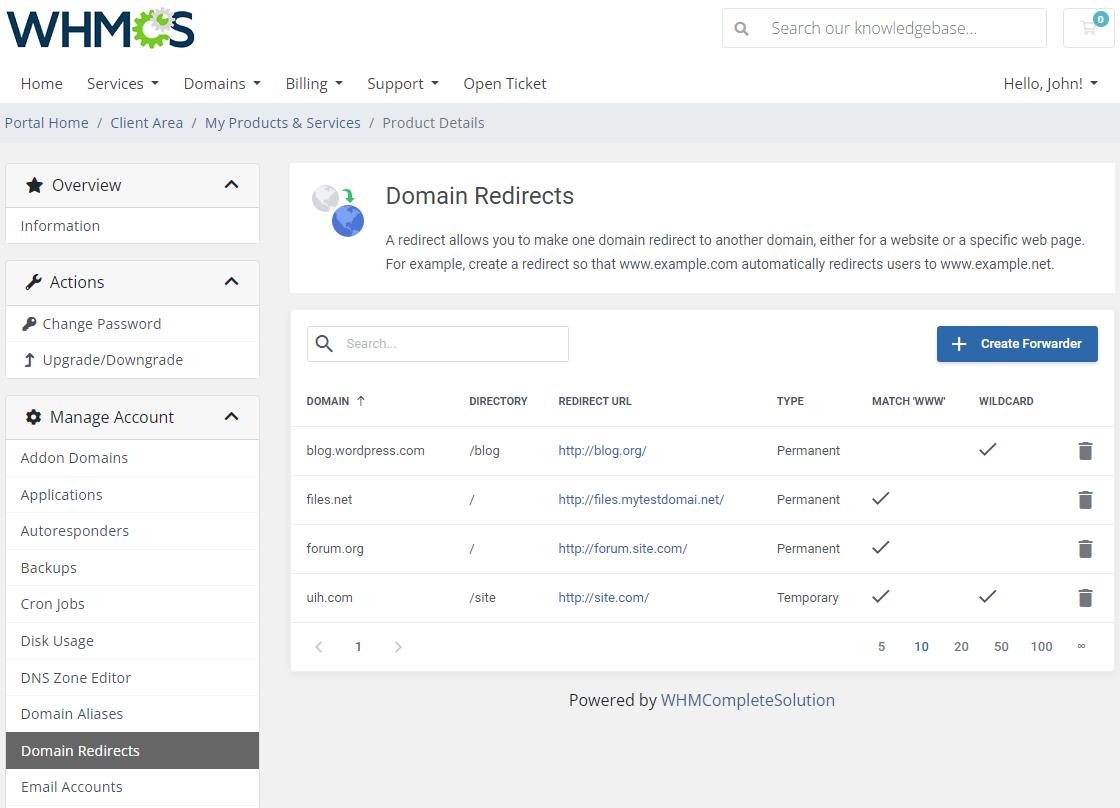 CPanel Extended For WHMCS: client area Domain Redirects page with a list of redirects and the Create Forwarder button